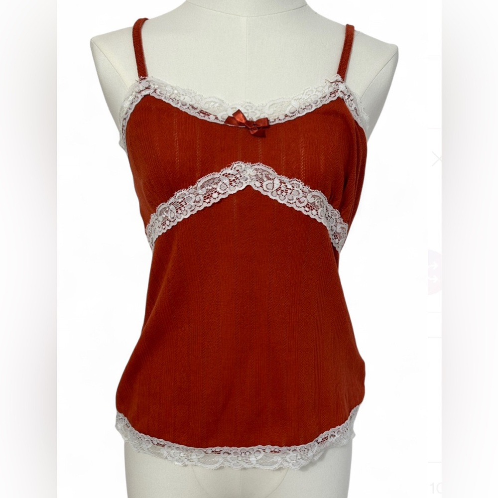 Burnt Orange Y2k Pointelle Lace Trimmed Coquette Cottagecore Fall Cami - x-small